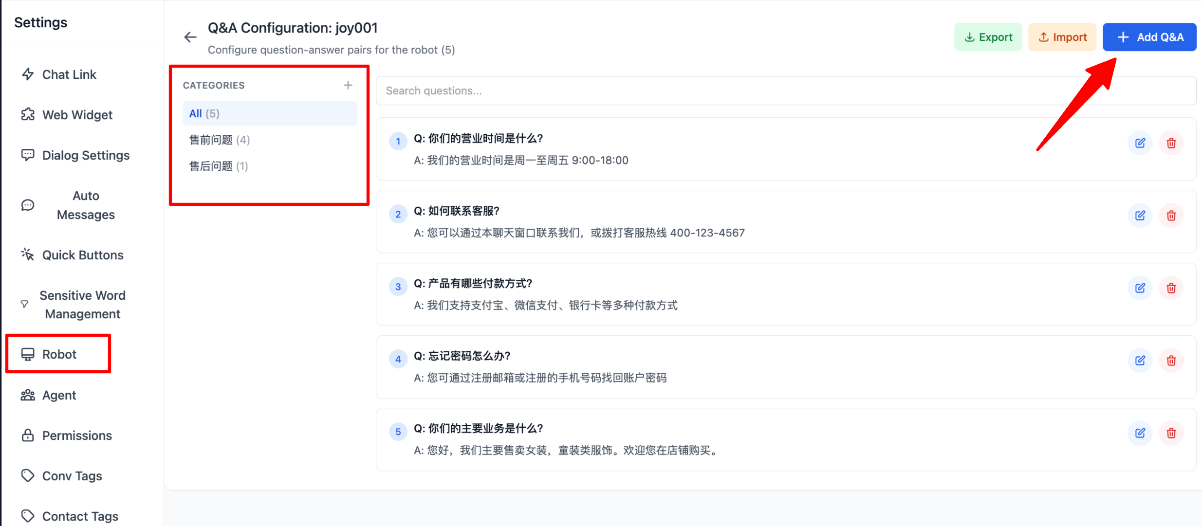 Bot knowledge base category screenshot