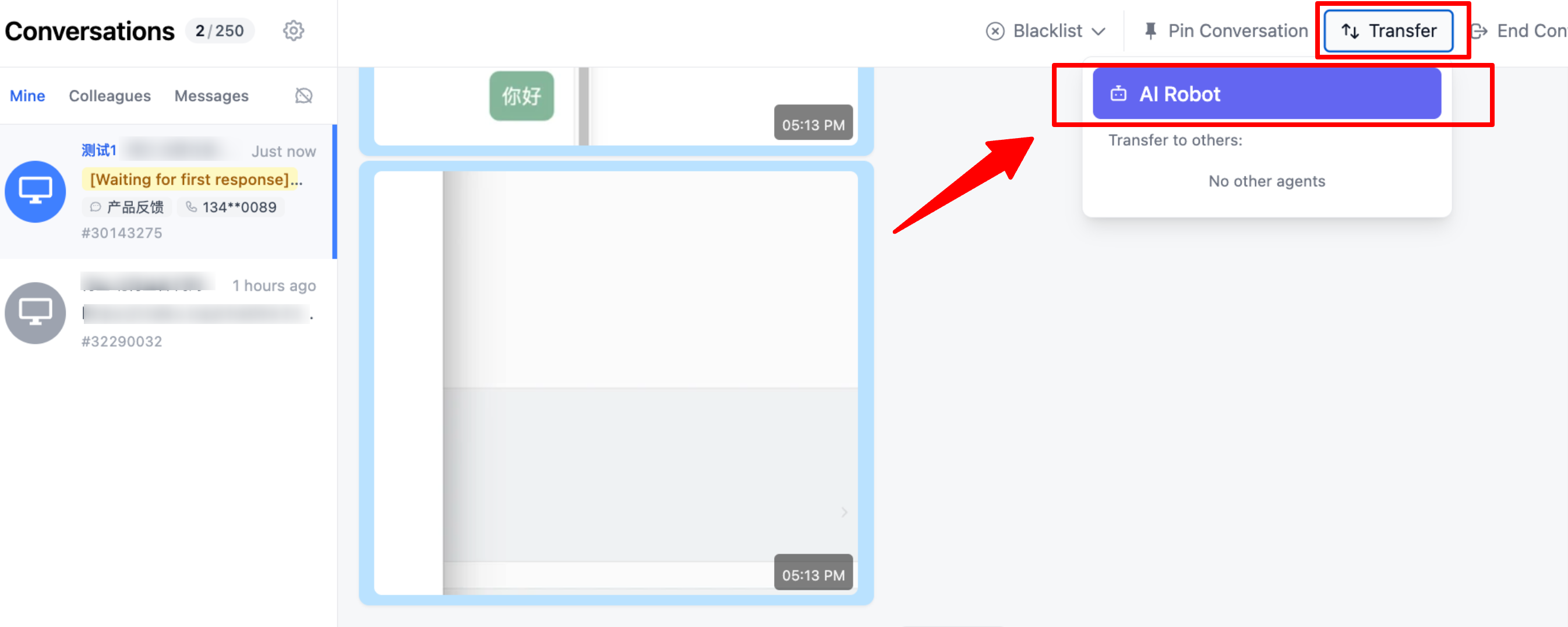 Transfer conversation back to bot screenshot
