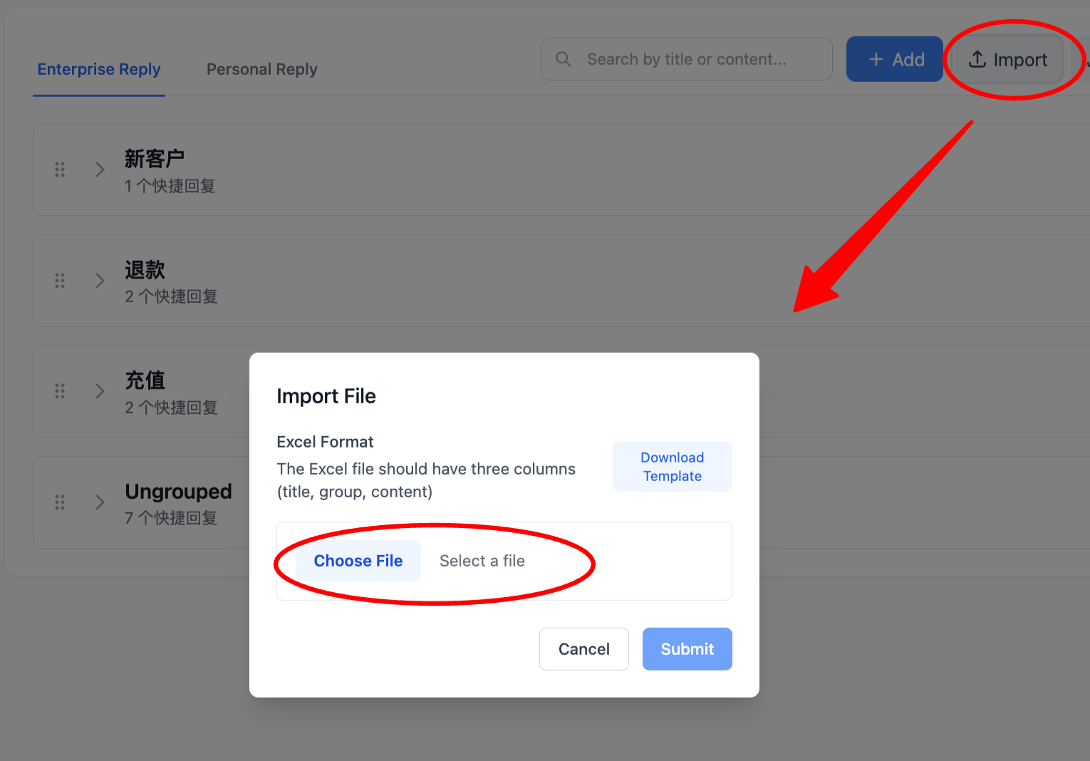 Import quick replies - Upload file or download template
