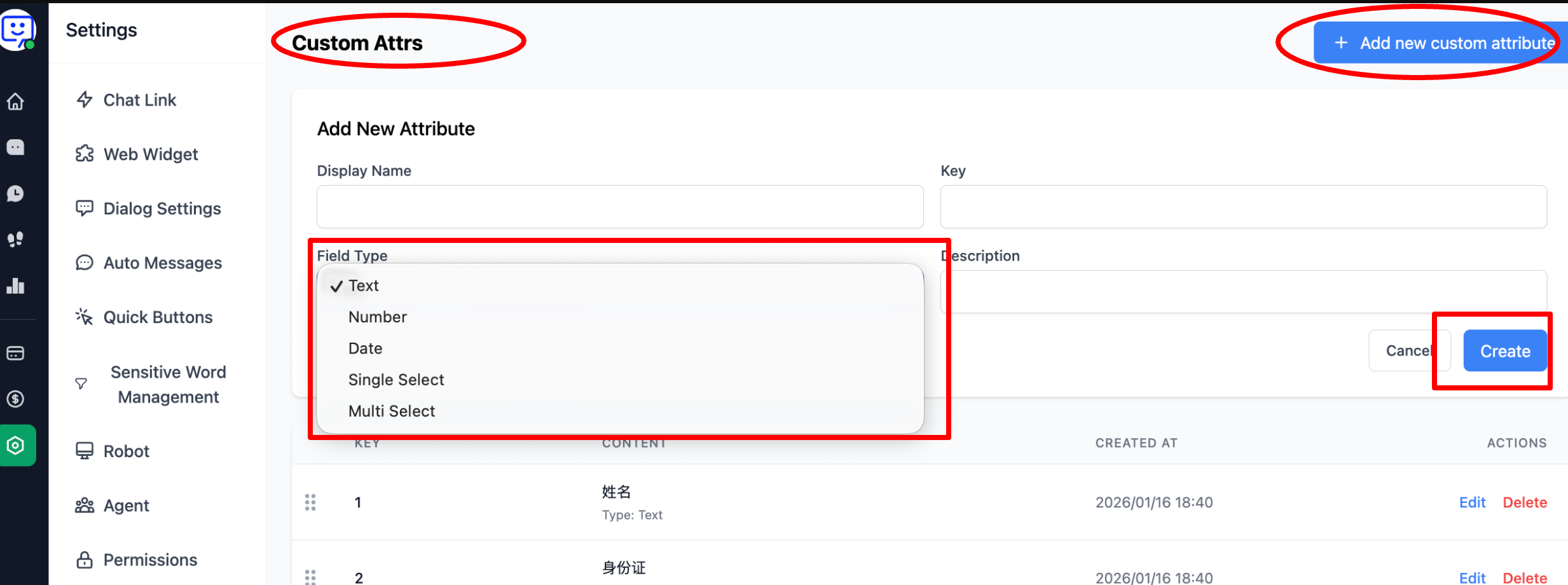 Add custom attribute - Enter name, type, and description
