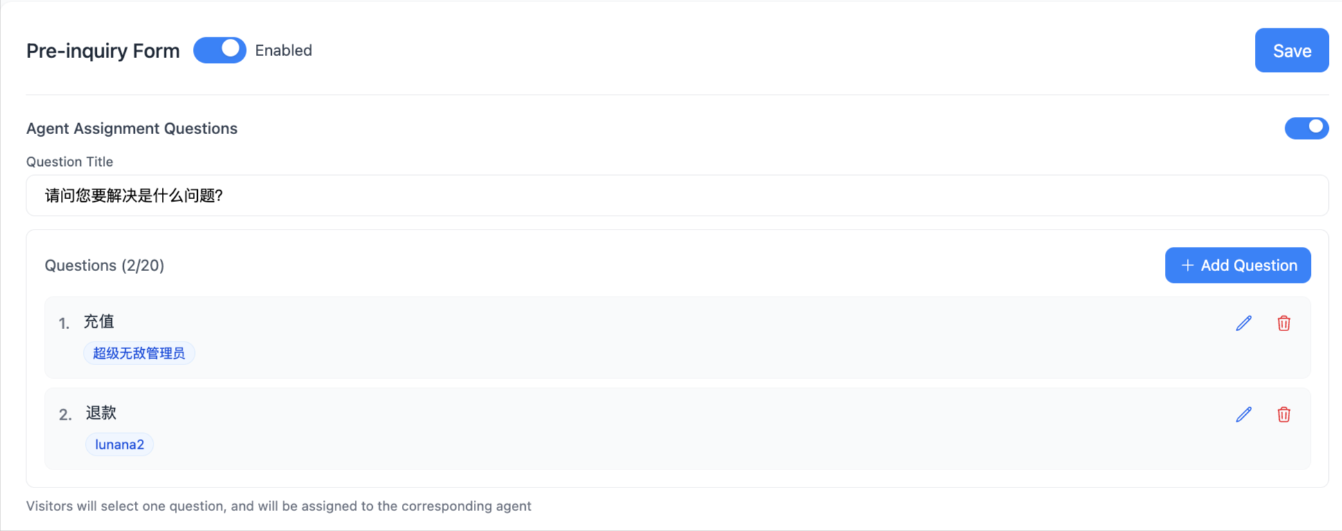 Pre-chat form - agent assignment questions admin settings