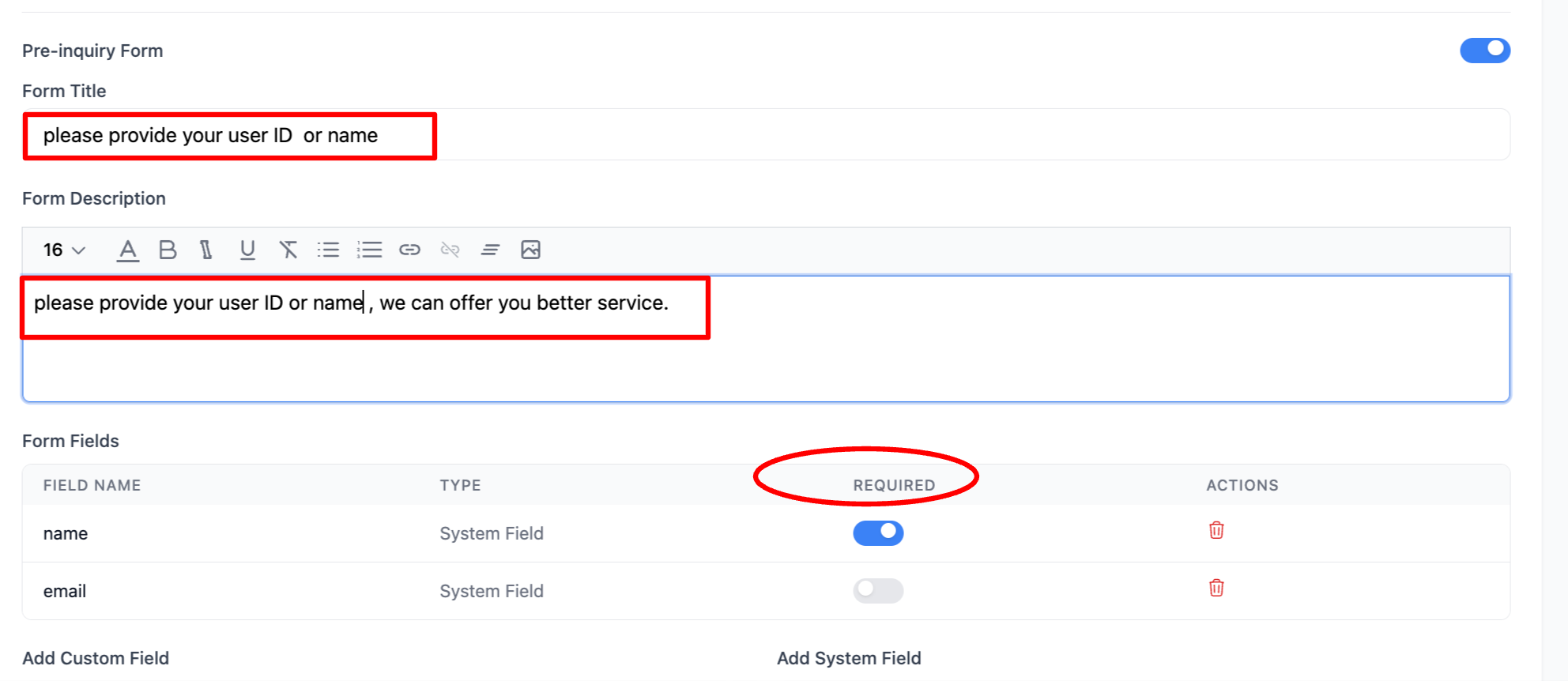 Pre-chat form level 2 - admin field settings page