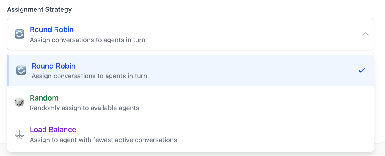 Agent assignment strategy selection - Round Robin, Random, Load Balancing