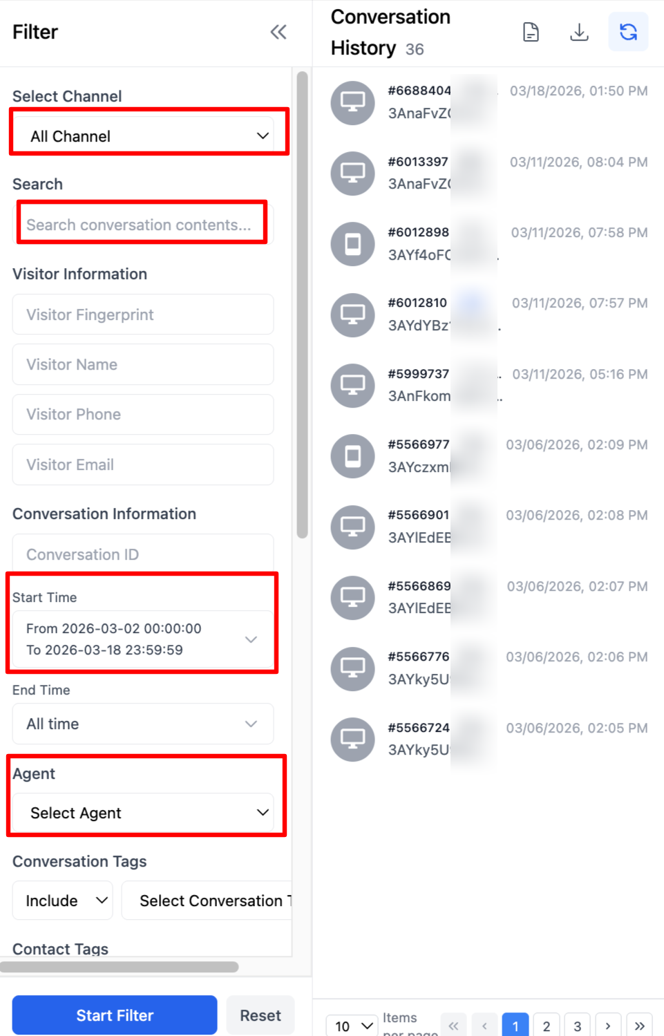 Filter historical conversations by channel, content, visitor info, and more
