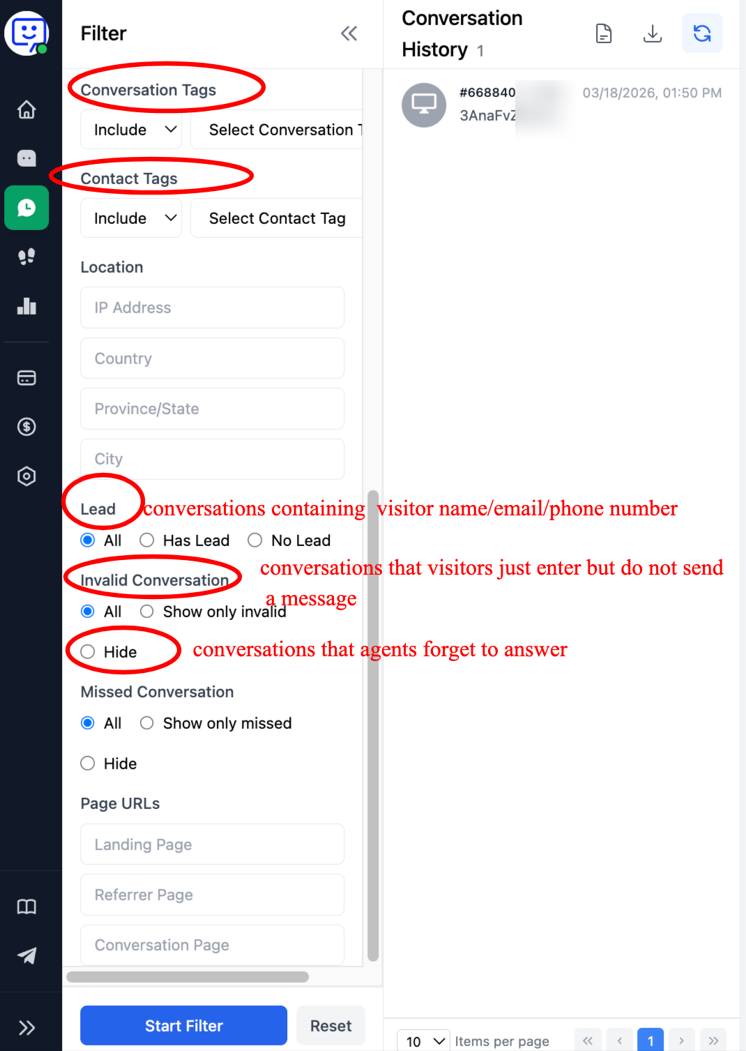 Filter historical conversations by tags, visitor IP, leads, page URL, and more