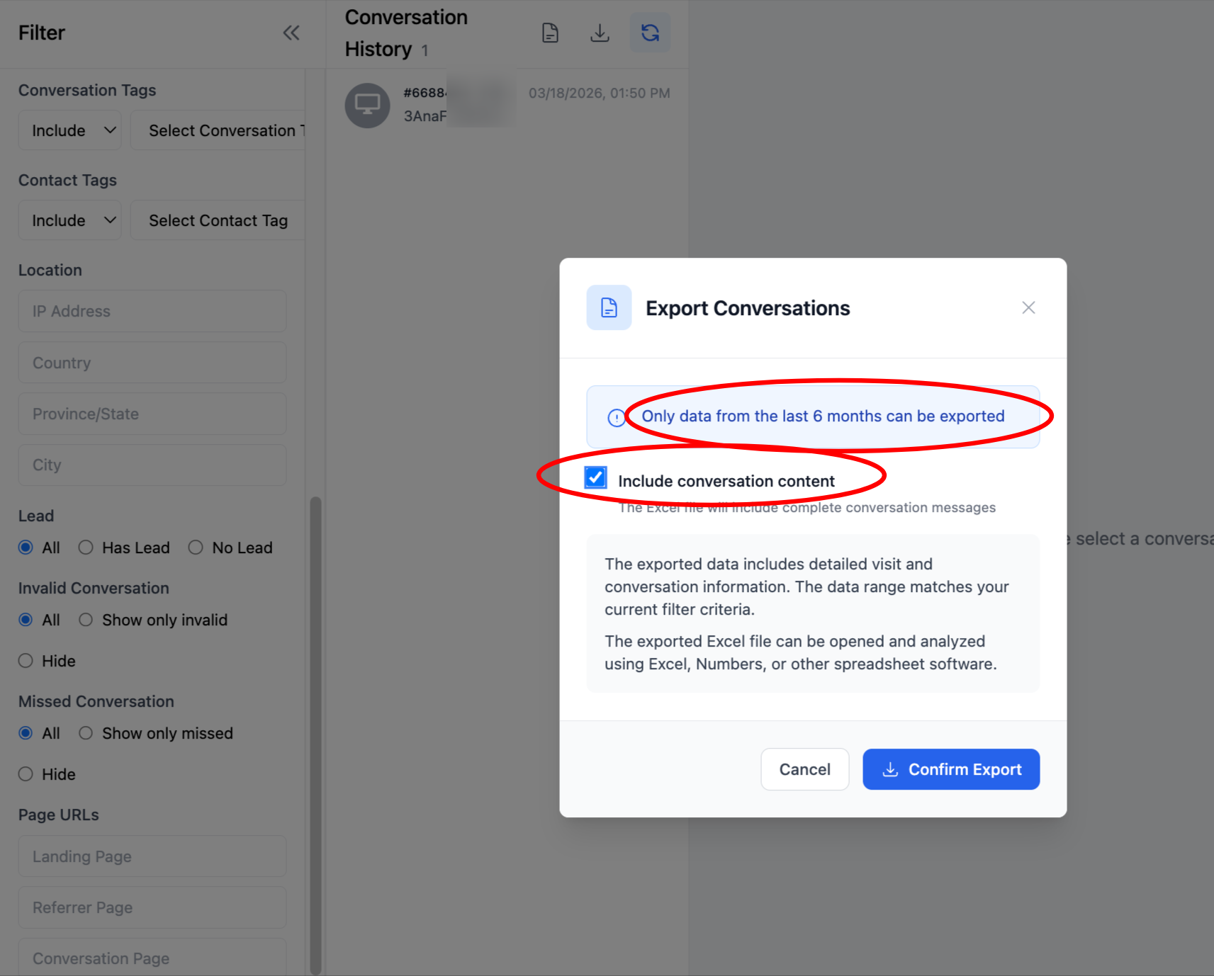 Click download button and confirm export of historical conversations
