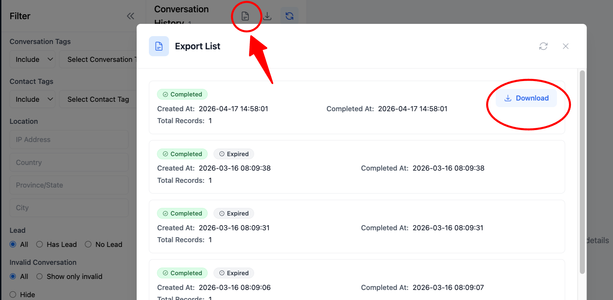 Click download in the download list popup to get the exported file