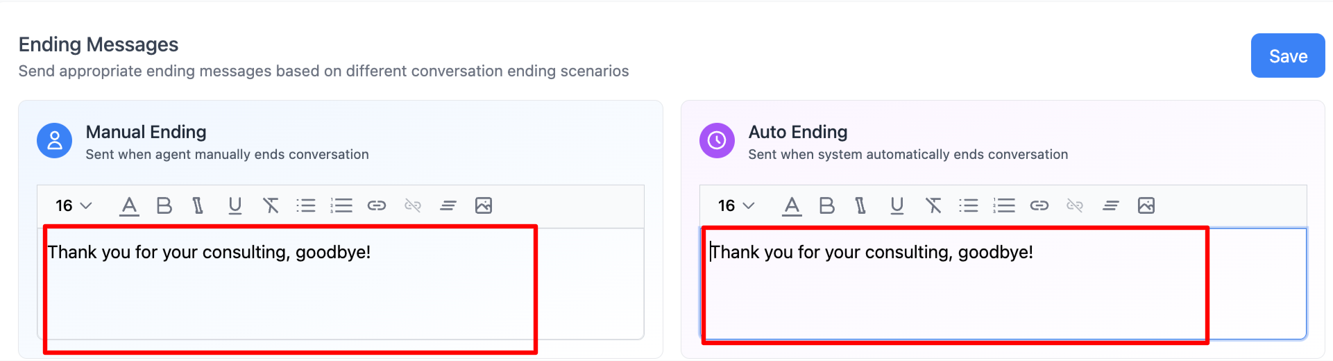 Closing message settings page