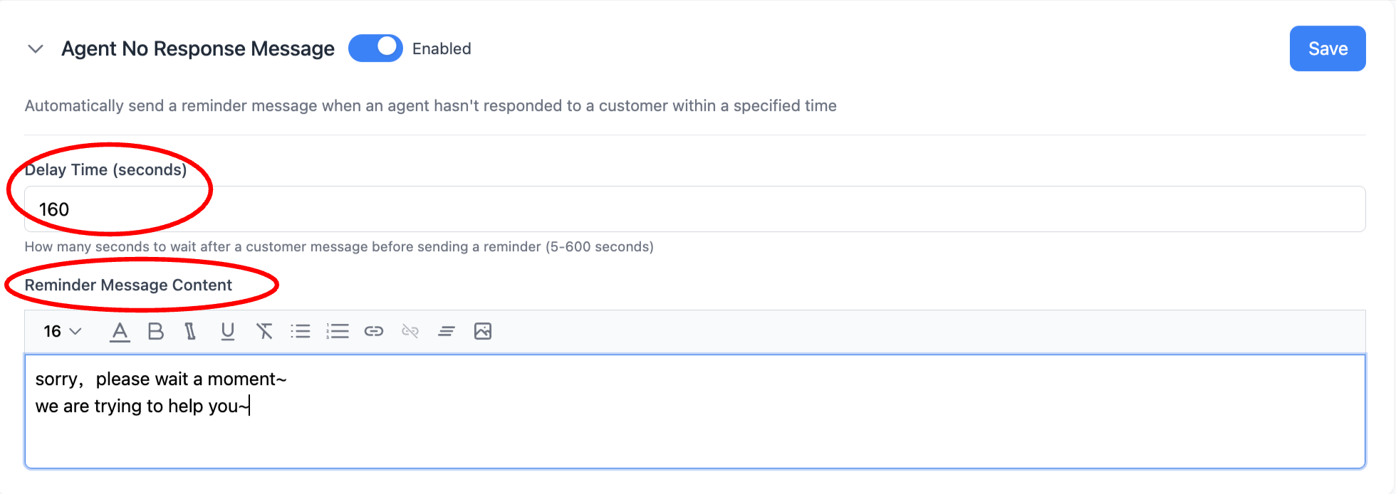 Agent no-response auto message settings