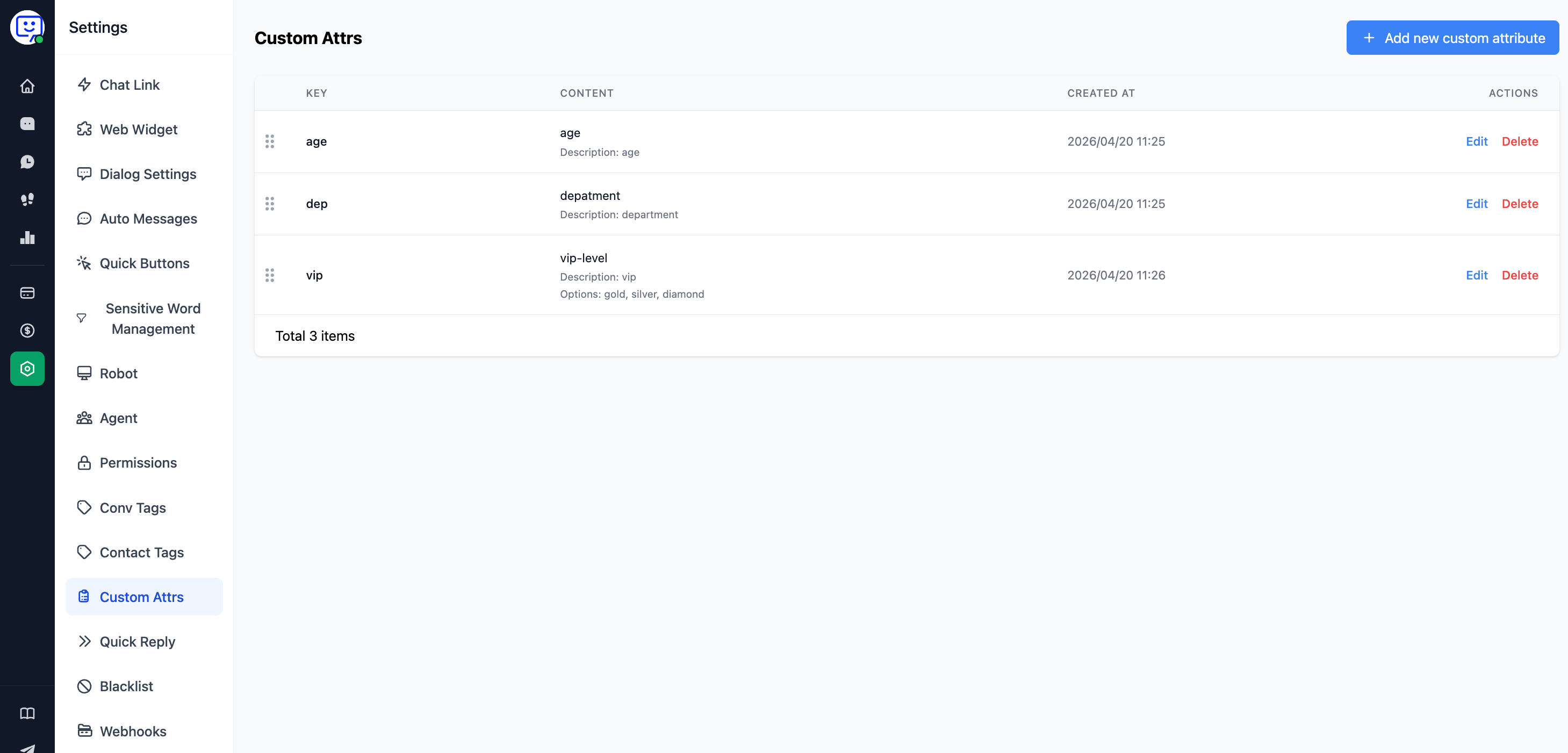 Custom attributes pre-definition settings page