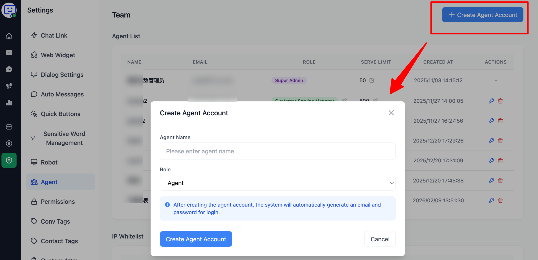 Add agent account popup - enter name and select role