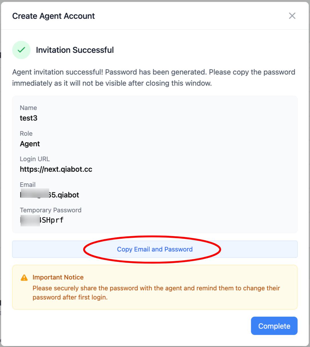 Agent account created successfully - copy email and password