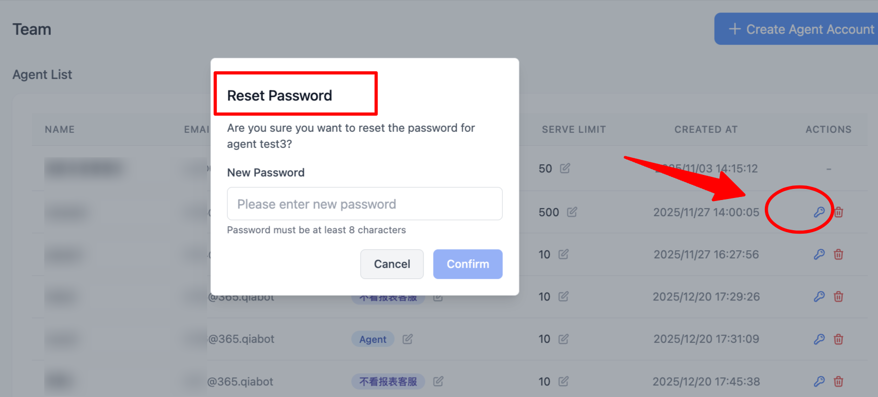 Reset agent password popup
