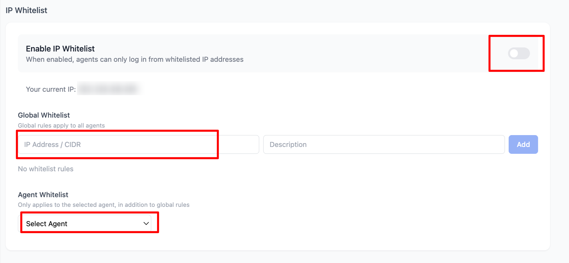 Agent IP whitelist settings