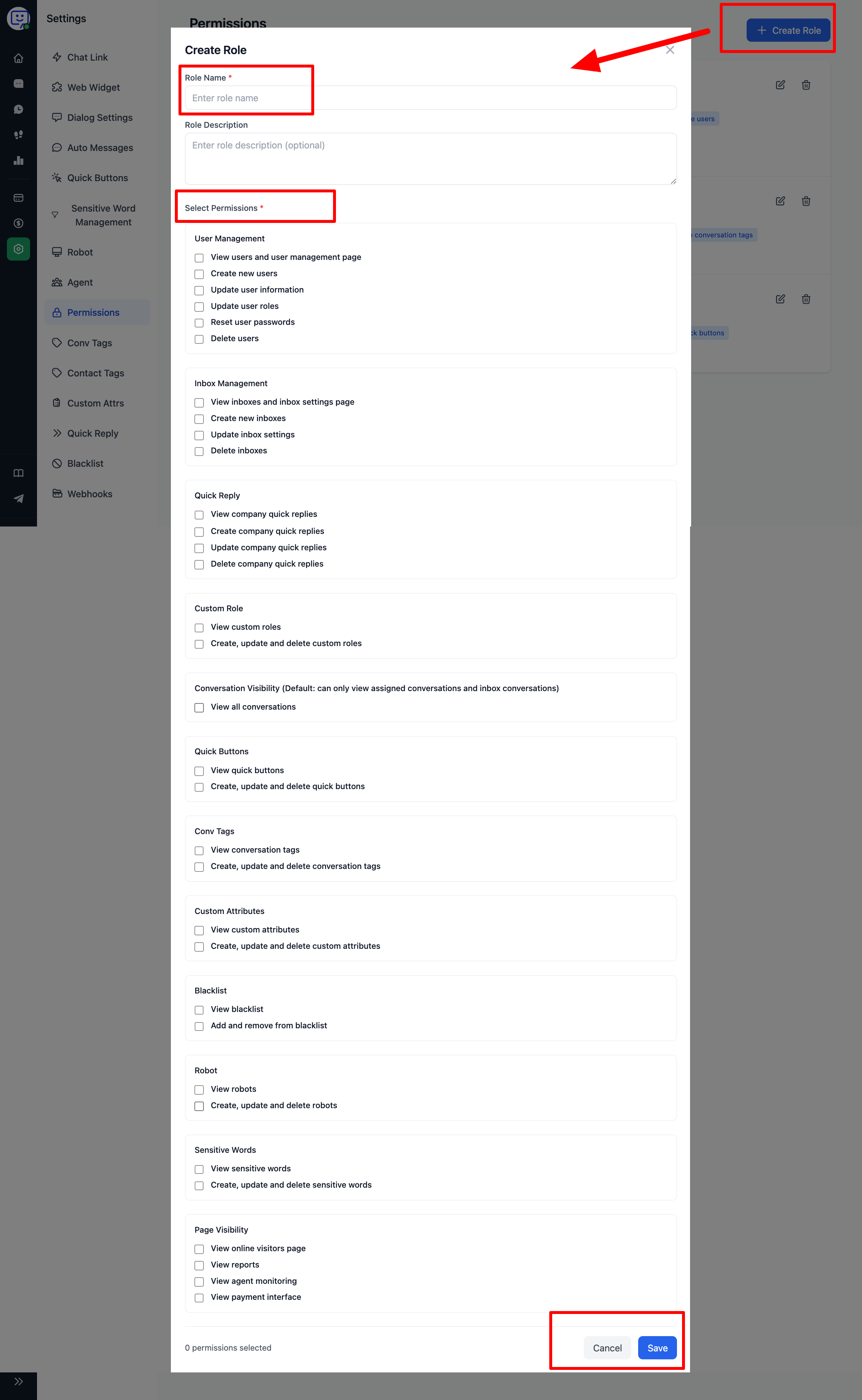 Create role popup - enter name and description