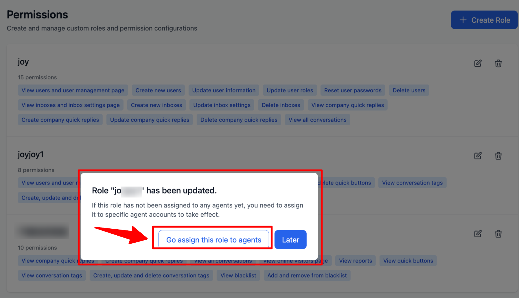 Jump from permission management to agent management to assign roles