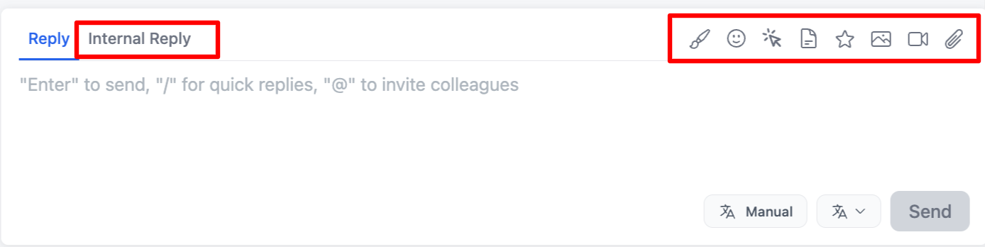 Reply bar features — emojis, quick buttons, lead cards, attachments