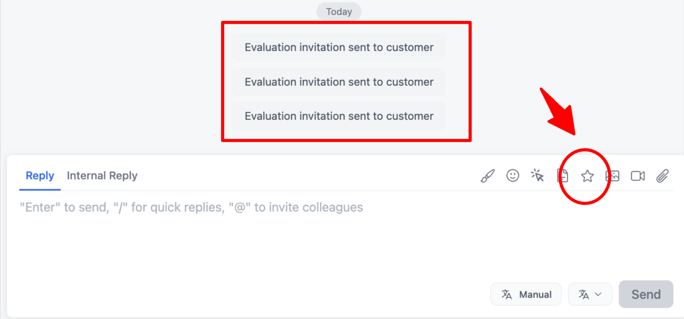 Star icon to send rating invitation during conversation
