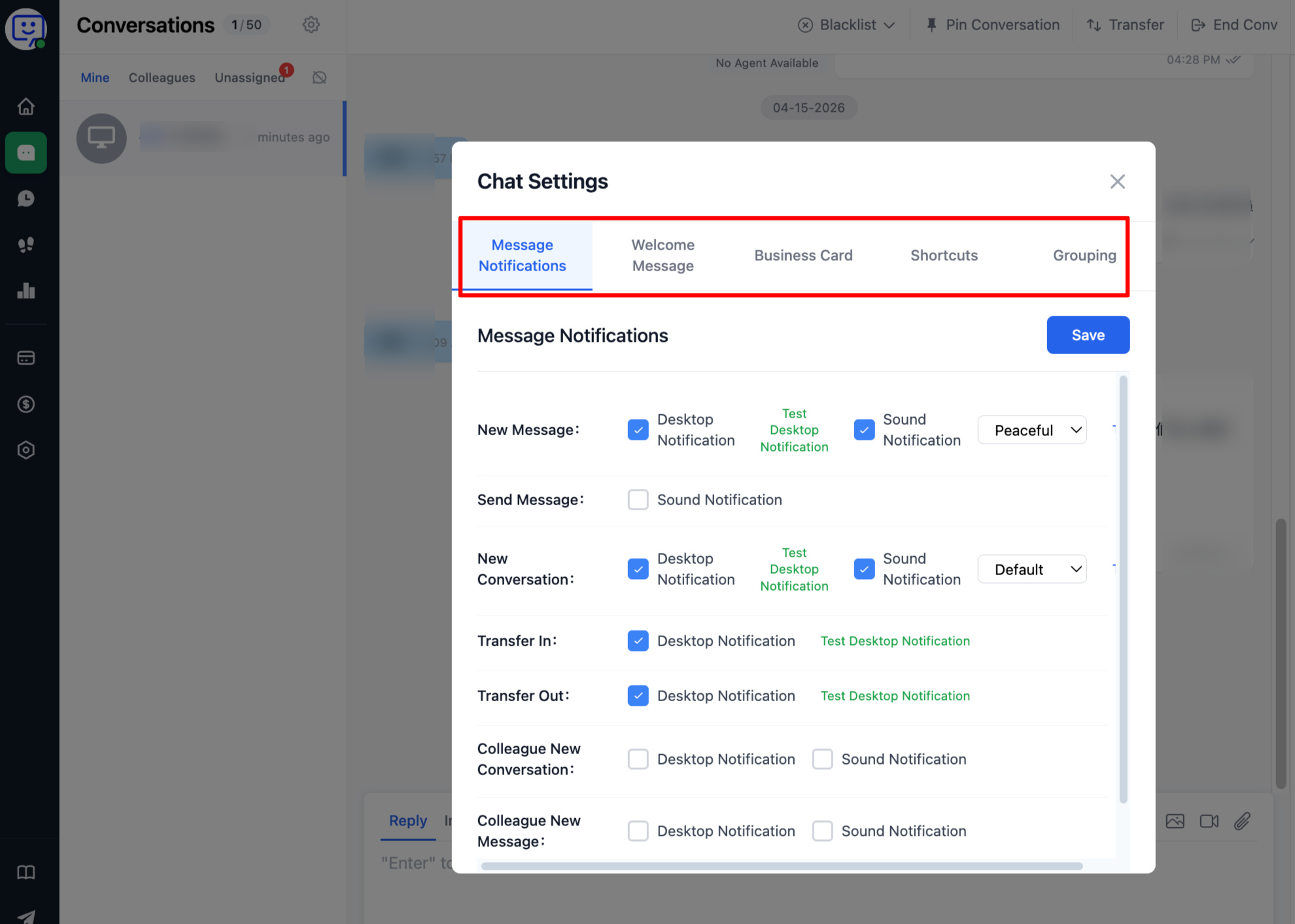 Conversation settings — notifications, welcome message, profile, shortcuts