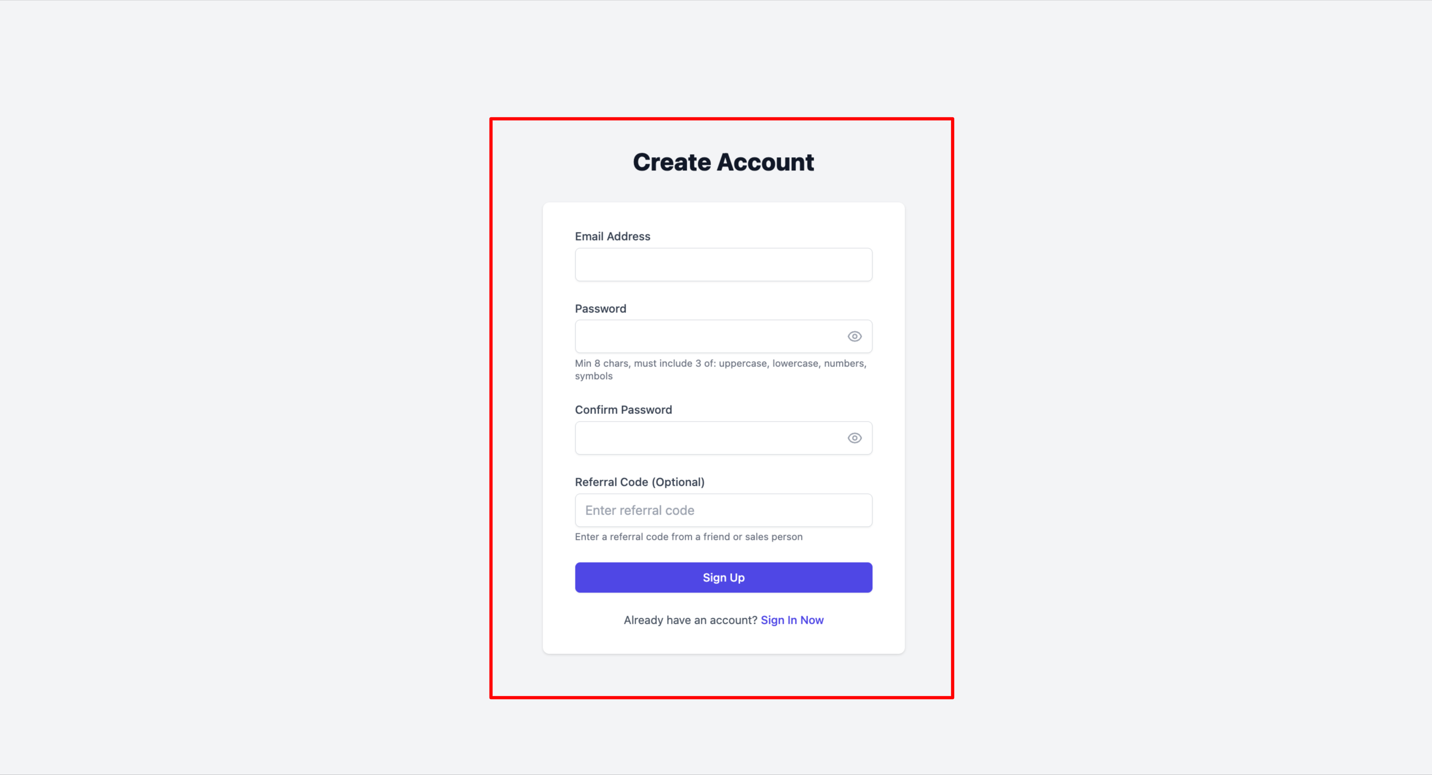 Registration page — enter email and password