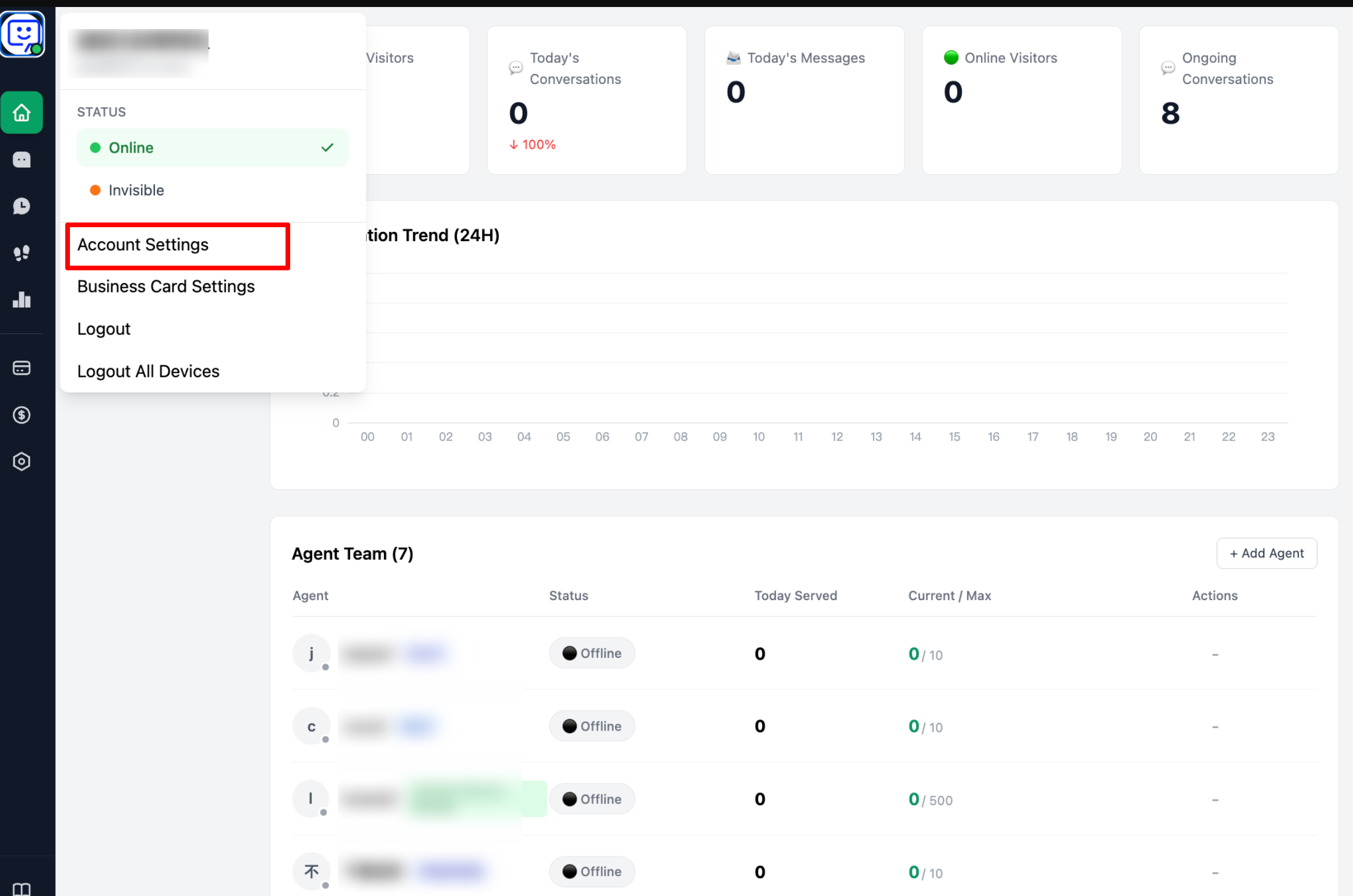 Click avatar in the top-left to open account settings