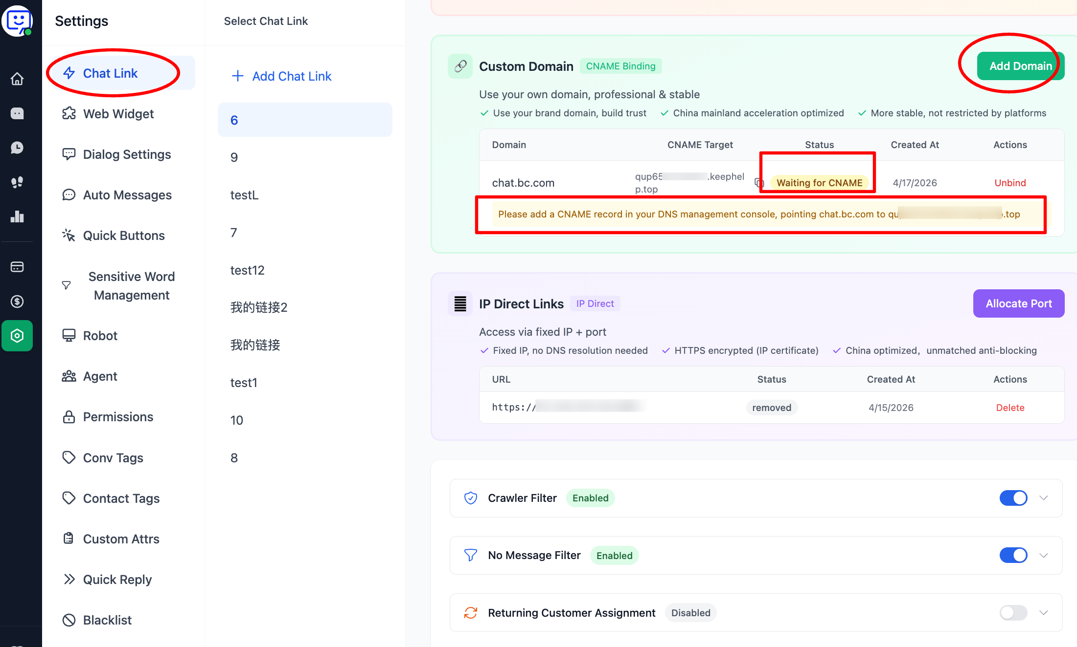 Custom domain binding in chat settings